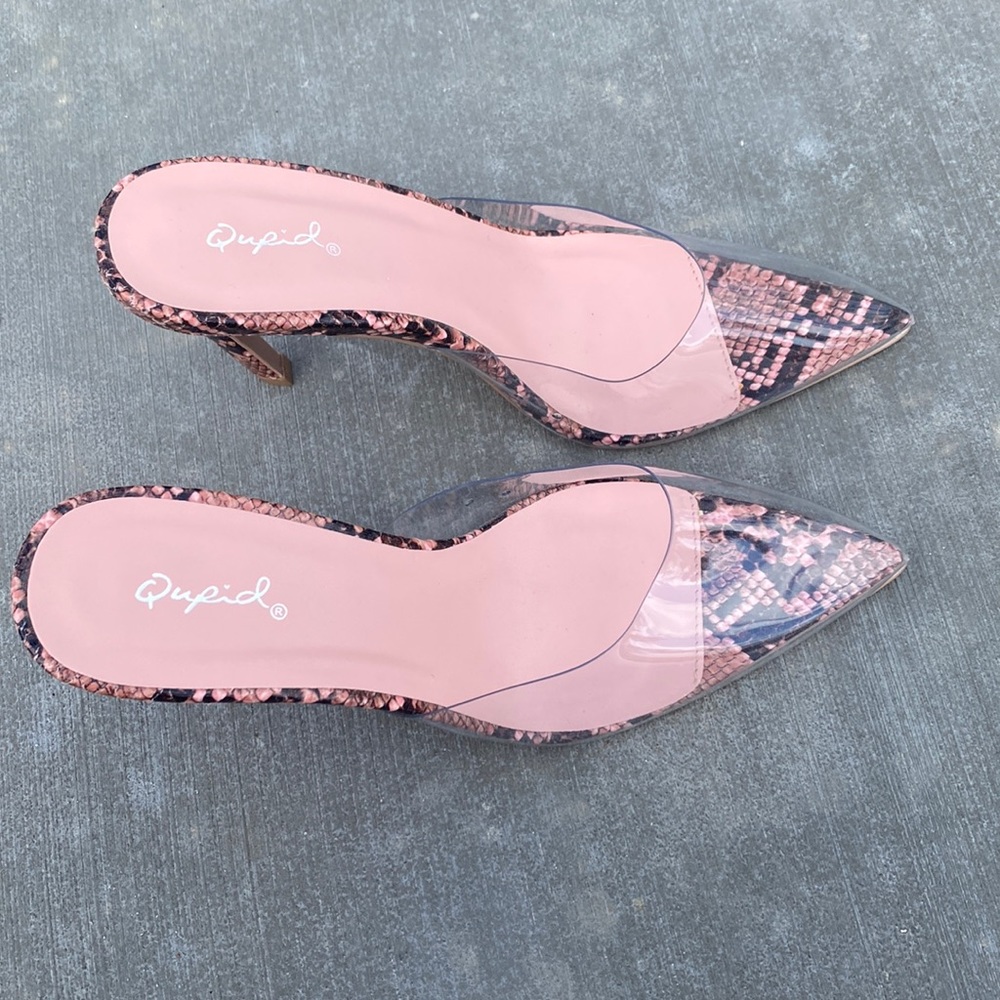 Clear and pink snake print pumps